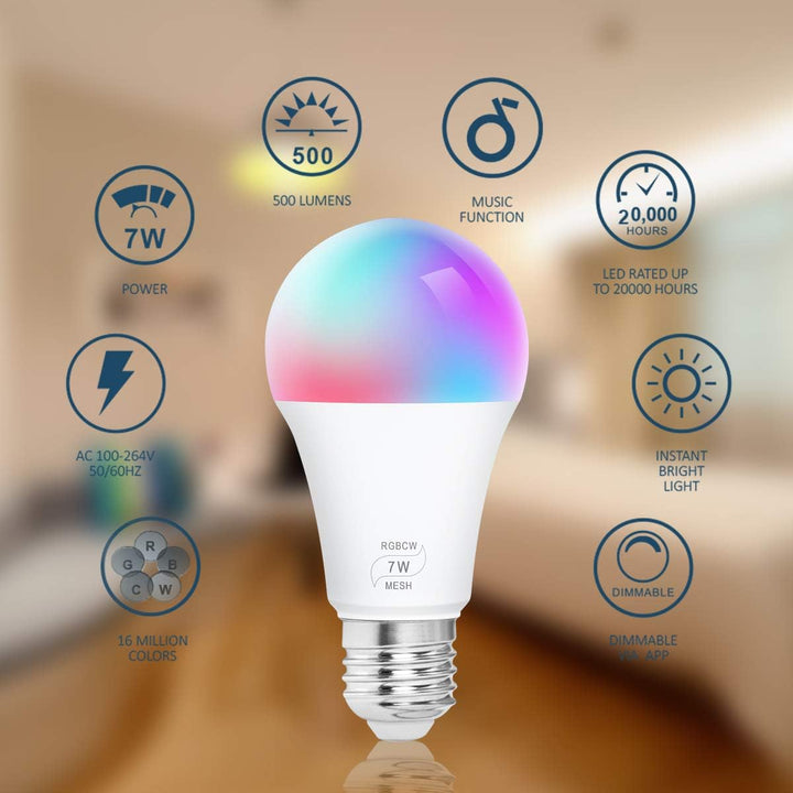 Koopower Bluetooth Smart Light Bulb, A19 E26 7W LED RGB Color Changing Bulbs, Smartphone App Controlled for Party Holiday Decorations